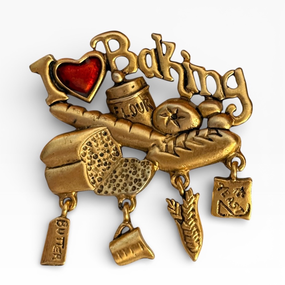 Vintage Signed Danecraft I Love Baking Dangling‎ Charm Brooch Food Theme